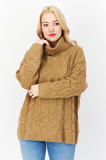 French Connection Women High Neck Knitted Sweater, Tan