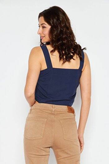Esprit Women Square Neck Sleeveless Solid Top, Navy