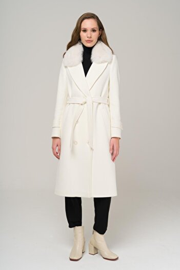 Olcay Detachable Collar Double-Breasted Mid-Length Cashmere Coat Ecru 3987-Tk