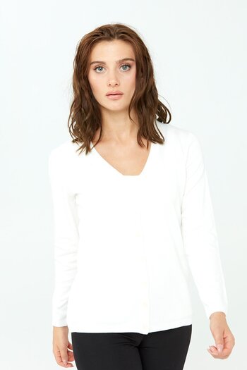 Desen Triko Women's Lycra Basic Long Sleeve V-Neck Cardigan Bone
