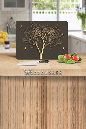 Saban 30X40 cm Gold Tree Patterned Glass Cutting Board
