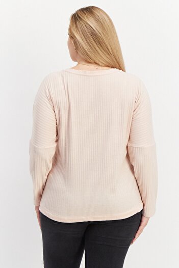 Dagi Women Round Neck Long Sleeve Ribbed Sweatshirt, Pink