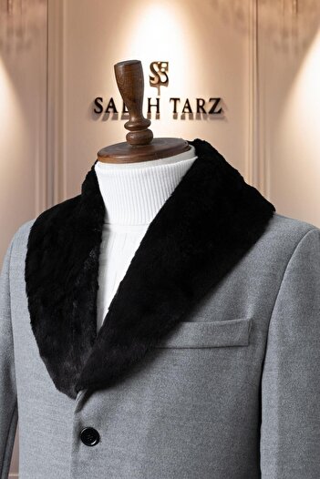 Salihtarzz Erkek Kaşe Kaban Kaşmir Gri Kürklü SD41075