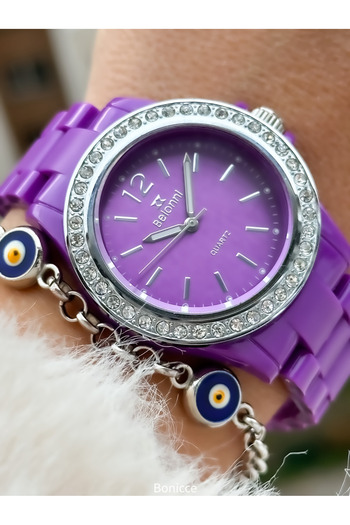 Belonni Brand Light Plastic Rhinestone Case Purple Color Women's Wrist Watch+Bracelet