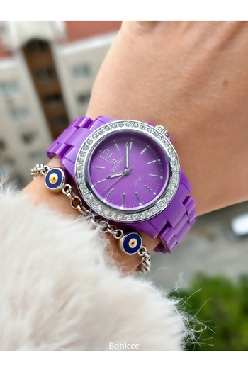 Belonni Brand Light Plastic Rhinestone Case Purple Color Women's Wrist Watch+Bracelet