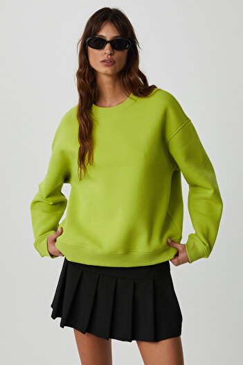 GRIMELANGE VANELTINA Kadın İçi Polarlı 3 İplik Organik Pamuk Oversize Basic Bisiklet Yaka Fıstık Yeşili Sweatsh