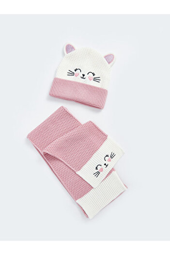 LC Waikiki Lcw Accessories Pink Embroidered Girl's Beret and Scarf
