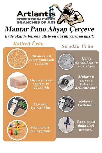 Artlantis Mantar Pano Ahşap Çerçeve 60x90 cm 1 Adet Harita Çivisi Hediyeli Duvara Monte Mantar Çerçeve Evde Ok