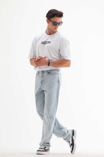 HLT JEANS Ανδρικό μπλε ίσιο φαρδύ παντελόνι - 100% βαμβακερό τζιν παντελόνι NICHOLAS