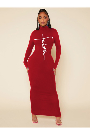 Modayakamoz Women's Long Sleeve Turtleneck Print Detailed Viscose Full Length Dress
