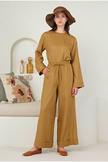 HEQA Cumin Colored Linen Wide Leg Trousers