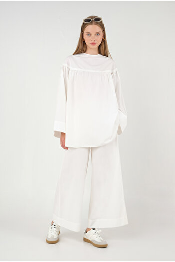 HEQA White Poplin Tunic - Gathered