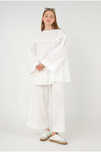 HEQA White Poplin Tunic - Gathered