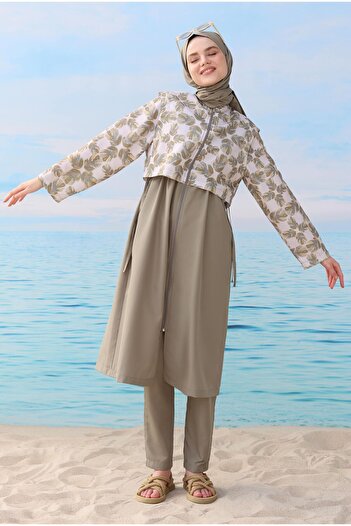 HEQA Patterned Hijab Swimsuit Light Khaki