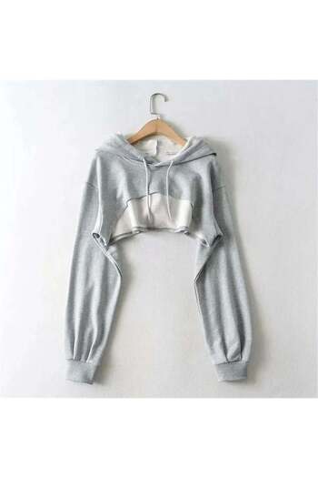 Köstebek Gray Melange Crop Bolero Hooded Sweatshirt
