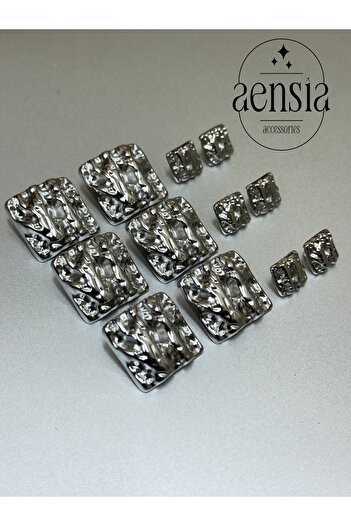 aensia Silver Square over Striped Pattern Metal Button Set - Pack of 12 (6 Large + 6 Small)