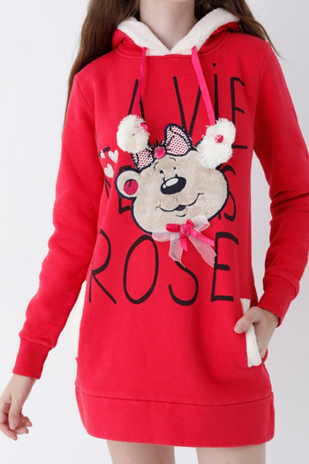 İntensive Young Girl Pink Teddy Bear Print Hooded Sweatshirt Dress