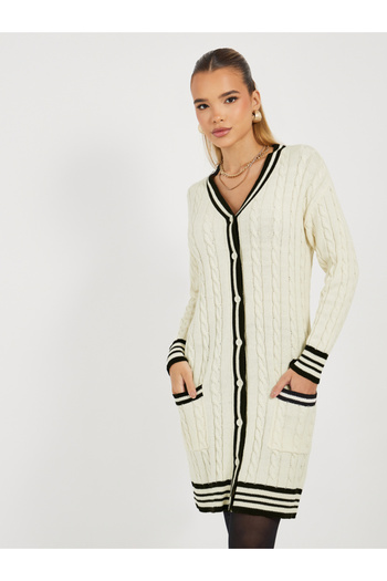 Styli Contrast Trim Cable Knit Sweater Mini Dress
