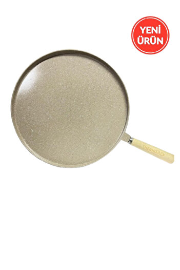 ThermoAD Ahşap Saplı 36 cm Gözleme Tavası  + 3'lü Granit Döküm Güveç Kapaksız Sahan Seti 18-20-22 cm Vizon