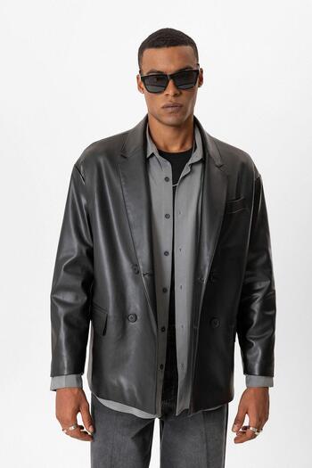 Antioch Black Faux Leather Double Breasted Men's Jacket