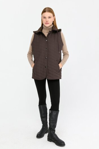Desen Triko Coffee Color Quilted Women's Vest - Hooded and Side Pockets
