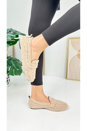 Nstil Casual Women's Mink Loafer Plush Lined Oval Toe Low Patterned Sole Shoes 375