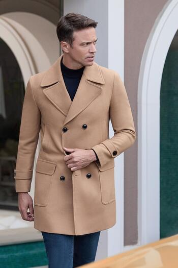 İmza Camel Color Double Breasted Slim Fit Overcoat - Single Slit and Lining Detail 1005245151