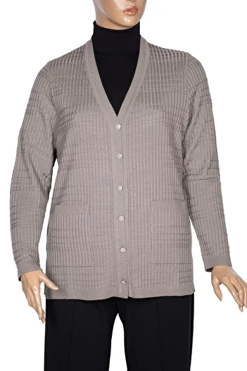 Hermevsim Hesna Nilay Women's Beige Stone Colored Knitwear Jacket - Pockets and Buttons