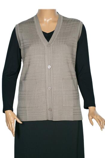 HESNA Large Size Nazan Knitwear Vest - Sand Beige with Buttons and Pockets