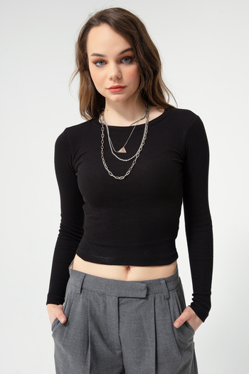Lafaba Women's Black Ribbed Long Sleeve Crop Blouse