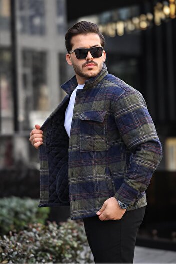 Miron Χακί Navy Blue καρό καπιτονέ Λεπτομερές μπουφάν κανονικής εφαρμογής-2454