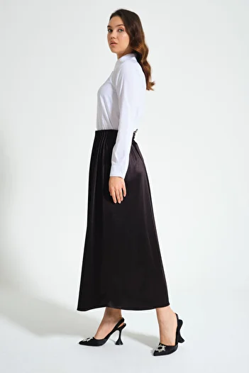 Mizalle Pleated Waist Crepe Black Skirt