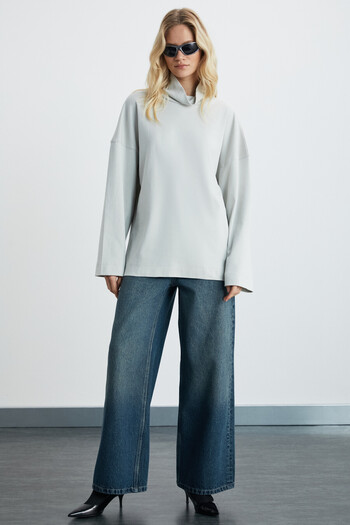 GRIMELANGE Hermine Women's Interlock Fabric Lightweight Throat Oversize Modest Gray Sweatshirt