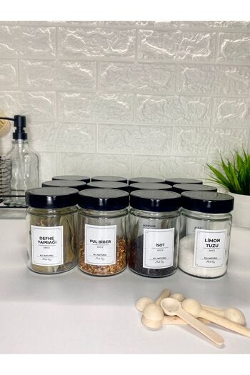 MODA OZY 12 Pack Black Metal Lids Labeled Spice Storage Container with Spoon Glass Jar 350ml