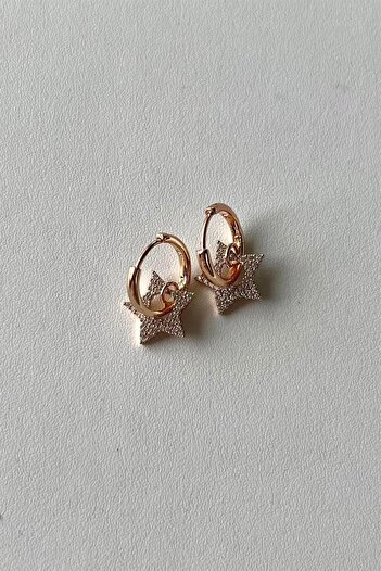 Ceren Star Patterned Stone Steel Hoop Earrings Set