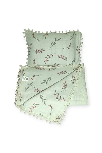 Birmelek Piqued Double Layer Pompom Muslin Blanket and Pillow Set