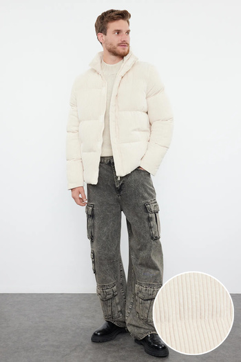 Trendyol Collection Corduroy Puffer Jacket - Stand Collar, Ecru Regular Fit TMNAW22MO0182