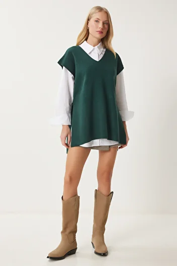 Happiness İstanbul Women's Emerald Green V-Neck Belted Long Knitwear Sweater Us00185