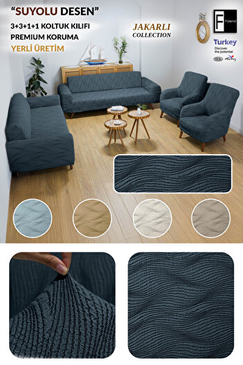 Faiend Anthracite Patterned Jacquard Wavy Sofa Cover - Elastic Sofa Cover