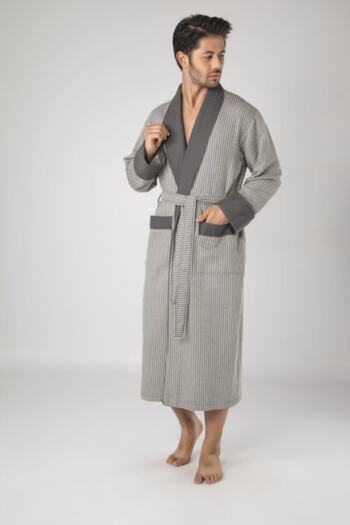 Nuşa Men's Dressing Gown - Gray Checked Pique Bambo Cotton