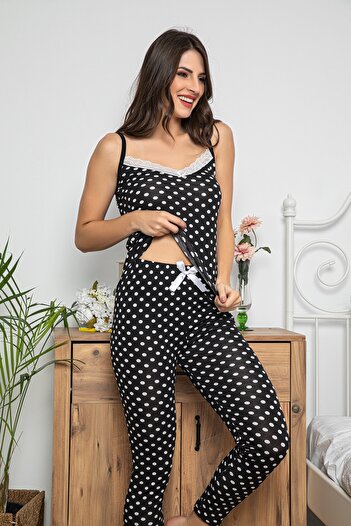 MyBen Women's Black Colored Polka Dot Lace Detailed Pajama Set with Shorts and Tights Set of 3 75004