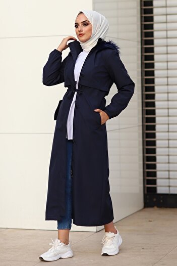 InStyle Γυναικείο Μακρύ παλτό Navy Blue με κάλυμμα όπισθεν τσέπης 2204