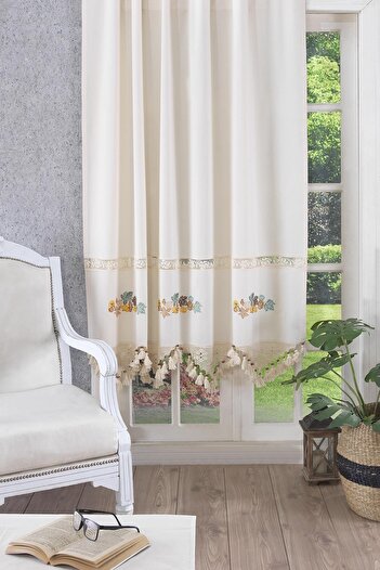 ÖDEL HOME Ajurlu El Işi Dantelli Yaprak Nakışlı Perde