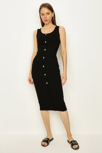 Select Moda Women's Black Ribbed Button Detailed Midi Dress