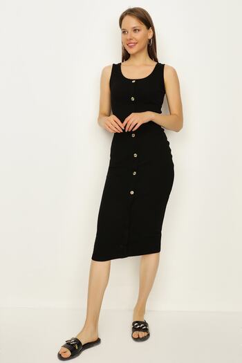 Select Moda Women's Black Ribbed Button Detailed Midi Dress