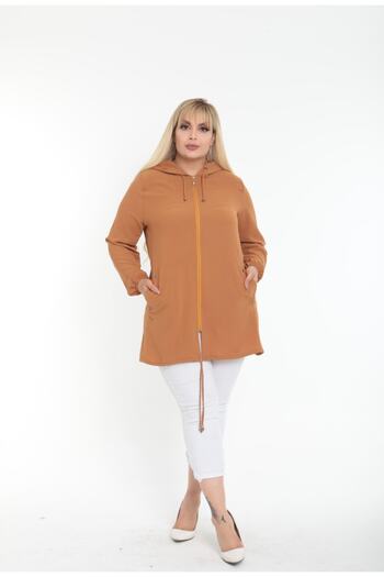 By Alba Collection Women's Imported Ayrobin Fabric Large Size Hooded Cardigan Tan