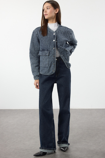 Trendyol Collection Oversize modrá TexturedDenim Jacket - Kapesní detailní, Twoaw25ce00062