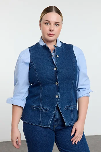 Trendyol Curve Blue Crew Neck Billet Size Denim Vest Tbbaw25Bh00006