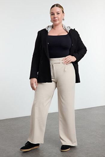 Trendyol Curve Plus Size Velcro Pleated Pants - Stone Belt, Wide Leg Knitted Tbbss24Ar00035