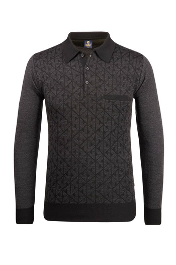 Çizgi Triko Men's Black Large Size Polo Collar Sweater Patterned Sleeve and Waist Elastic Steel Knit Classic Fit